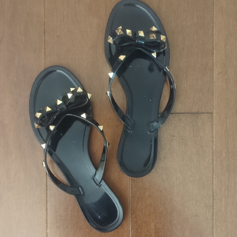 Gold Studded Black Sandals with Minimalist Design